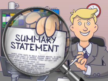 Summary Statement. Officeman Holding a Paper with Inscription through Lens. Multicolor Doodle Illustration.