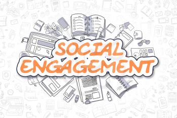 Social Engagement Doodle Illustration of Orange Text and Stationery Surrounded by Doodle Icons. Business Concept for Web Banners and Printed Materials. 