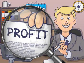 Businessman in Office Workplace Shows Paper with Inscription Profit. Closeup View through Magnifier. Multicolor Modern Line Illustration in Doodle Style.