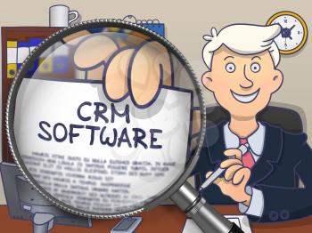 CRM - Customer Relationship Management - Software. Concept on Paper in Man's Hand through Lens. Colored Doodle Illustration.