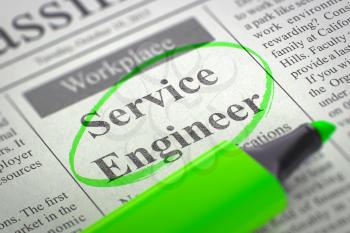 Service Engineer - Jobs Section Vacancy in Newspaper, Circled with a Green Marker. Blurred Image with Selective focus. Job Search Concept. 3D.