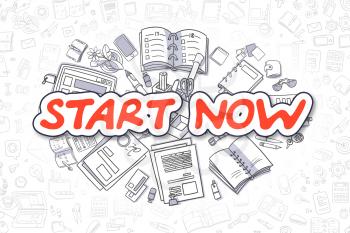 Business Illustration of Start Now. Doodle Red Text Hand Drawn Doodle Design Elements. Start Now Concept. 