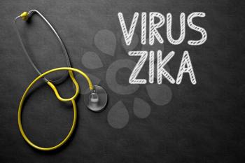 Medical Concept: Top View of Yellow Stethoscope on Black Chalkboard with Medical Concept - Virus Zika. Black Chalkboard with Virus Zika - Medical Concept. 3D Rendering.