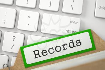 Records written on Green File Card Lays on White PC Keyboard. Closeup View. Blurred Image. 3D Rendering.