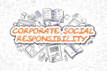Corporate Social Responsibility - Sketch Business Illustration. Orange Hand Drawn Inscription Corporate Social Responsibility Surrounded by Stationery. Doodle Design Elements. 