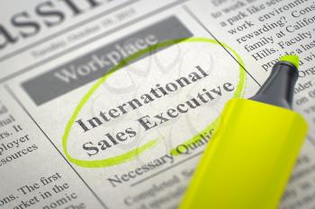 International Sales Executive. Newspaper with the Classified Advertisement of Hiring, Circled with a Yellow Marker. Blurred Image. Selective focus. Job Search Concept. 3D Rendering.