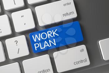 Work Plan Concept Metallic Keyboard with Work Plan on Blue Enter Keypad Background, Selected Focus. 3D Render.
