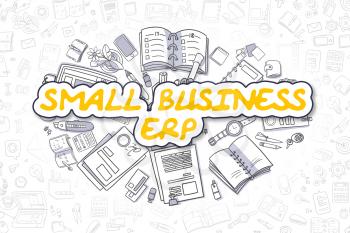 Doodle Illustration of Small Business ERP, Surrounded by Stationery. Business Concept for Web Banners, Printed Materials. 