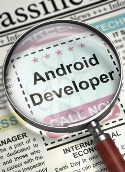 Android Developer - Classified Advertisement of Hiring in Newspaper. Column in the Newspaper with the Searching Job of Android Developer. Job Seeking Concept. Selective focus. 3D Render.