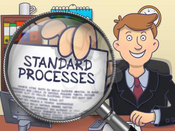 Man in Suit Holding a Paper with Concept Standard Processes Concept through Magnifying Glass. Closeup View. Colored Doodle Style Illustration.