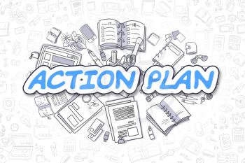 Action Plan - Sketch Business Illustration. Blue Hand Drawn Word Action Plan Surrounded by Stationery. Cartoon Design Elements. 