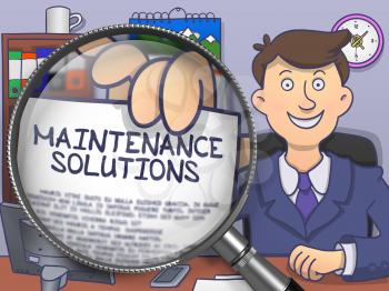 Businessman Holds Out a Paper with Text Maintenance Solutions. Closeup View through Magnifying Glass. Colored Doodle Illustration.