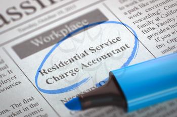 Residential Service Charge Accountant - Small Ads of Job Search in Newspaper, Circled with a Blue Highlighter. Blurred Image. Selective focus. Job Seeking Concept. 3D Render.