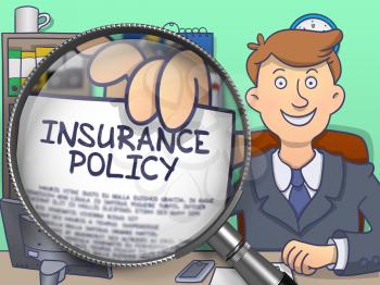 Insurance Policy. Paper with Inscription in Business Man's Hand through Lens. Colored Doodle Style Illustration.