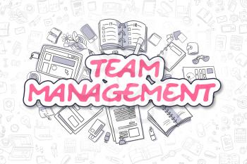 Team Management - Hand Drawn Business Illustration with Business Doodles. Magenta Word - Team Management - Doodle Business Concept. 