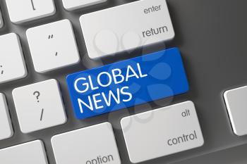 Global News Concept Metallic Keyboard with Global News on Blue Enter Button Background, Selected Focus. 3D Illustration.