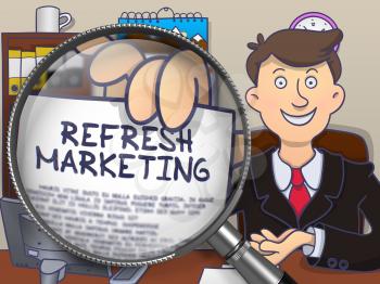 Man in Suit Showing a Text on Paper Refresh Marketing Concept through Magnifying Glass. Closeup View. Multicolor Modern Line Illustration in Doodle Style.