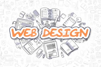Web Design - Hand Drawn Business Illustration with Business Doodles. Orange Text - Web Design - Doodle Business Concept. 