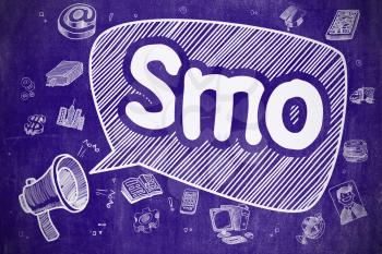 Smo - Social Media Optimization on Speech Bubble. Cartoon Illustration of Shouting Horn Speaker. Advertising Concept. 
