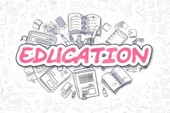 Doodle Illustration of Education, Surrounded by Stationery. Business Concept for Web Banners, Printed Materials. 