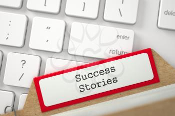 Success Stories. Red Sort Index Card on Background of Computer Keyboard. Archive Concept. Closeup View. Blurred Image. 3D Rendering.
