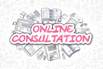 Cartoon Illustration of Online Consultation, Surrounded by Stationery. Business Concept for Web Banners, Printed Materials. 