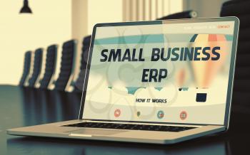 Small Business ERP - Landing Page with Inscription on Mobile Computer Screen on Background of Comfortable Meeting Room in Modern Office. Closeup View. Blurred Image with Selective focus. 3D Render.