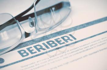 Beriberi - Medicine Concept with Blurred Text and Eyeglasses on Blue Background. Selective Focus. 3D Rendering.