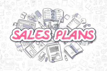 Sales Plans - Hand Drawn Business Illustration with Business Doodles. Magenta Text - Sales Plans - Doodle Business Concept. 