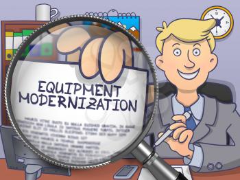 Man in Suit Holding a Paper with Concept Equipment Modernization Concept through Magnifier. Closeup View. Multicolor Doodle Illustration.