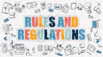 Rules and Regulations - Multicolor Concept with Doodle Icons Around on White Brick Wall Background. Modern Illustration with Elements of Doodle Design Style.