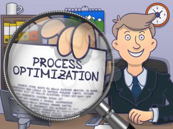 Officeman in Suit Looking at Camera and Holds Out a Concept on Paper Process Optimization Concept through Magnifying Glass. Closeup View. Multicolor Doodle Illustration.