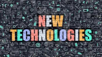 New Technologies Concept. Modern Illustration. Multicolor New Technologies Drawn on Dark Brick Wall. Doodle Icons. Doodle Style of  New Technologies Concept. New Technologies on Wall.
