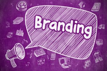 Speech Bubble with Wording Branding Doodle. Illustration on Purple Chalkboard. Advertising Concept. Business Concept. Mouthpiece with Wording Branding. Doodle Illustration on Purple Chalkboard. 