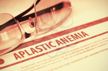 Diagnosis - Aplastic Anemia. Medicine Concept with Blurred Text and Eyeglasses on Red Background. Selective Focus. 3D Rendering.