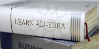 Stack of Business Books. Book Spines with Title - Learn Algebra. Closeup View. Book in the Pile with the Title on the Spine Learn Algebra. Blurred Image with Selective focus. 3D.