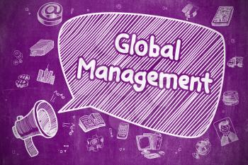 Shouting Megaphone with Wording Global Management on Speech Bubble. Cartoon Illustration. Business Concept. 