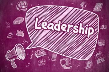Speech Bubble with Text Leadership Doodle. Illustration on Purple Chalkboard. Advertising Concept. Business Concept. Megaphone with Wording Leadership. Doodle Illustration on Purple Chalkboard. 