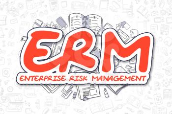 Red Text - ERM - Enterprise Risk Management. Business Concept with Doodle Icons. ERM - Enterprise Risk Management - Hand Drawn Illustration for Web Banners and Printed Materials. 