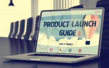Product Launch Guide Concept. Closeup of Landing Page on Laptop Display in Modern Meeting Hall. Blurred Image. Selective focus. 3D Rendering.