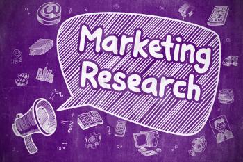 Business Concept. Megaphone with Inscription Marketing Research. Doodle Illustration on Purple Chalkboard. 