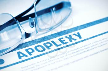 Apoplexy - Medical Concept on Blue Background with Blurred Text and Composition of Eyeglasses. 3D Rendering.