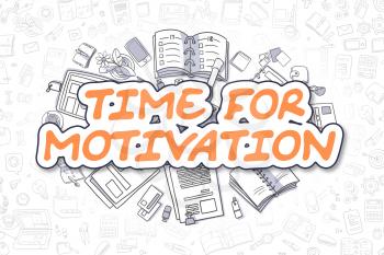 Time For Motivation - Sketch Business Illustration. Orange Hand Drawn Inscription Time For Motivation Surrounded by Stationery. Doodle Design Elements. 