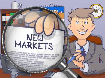 New Markets. Paper with Inscription in Business Man's Hand through Magnifying Glass. Multicolor Modern Line Illustration in Doodle Style.