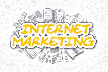 Business Illustration of Internet Marketing. Doodle Yellow Word Hand Drawn Cartoon Design Elements. Internet Marketing Concept. 