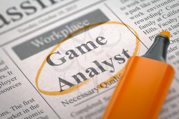 Game Analyst. Newspaper with the Vacancy, Circled with a Orange Marker. Blurred Image with Selective focus. Concept of Recruitment. 3D Render.