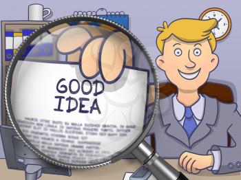 Good Idea through Magnifier. Officeman Holding a Paper with Text. Closeup View. Colored Modern Line Illustration in Doodle Style.