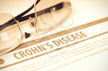 Crohns Disease - Medical Concept on Red Background with Blurred Text and Composition of Glasses. 3D Rendering.