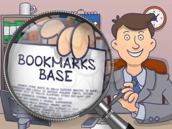 Bookmarks Base. Text on Paper in Business Man's Hand through Magnifying Glass. Colored Modern Line Illustration in Doodle Style.