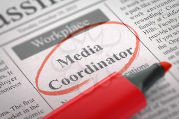 Media Coordinator - Vacancy in Newspaper, Circled with a Red Marker. Blurred Image with Selective focus. Job Seeking Concept. 3D Render.